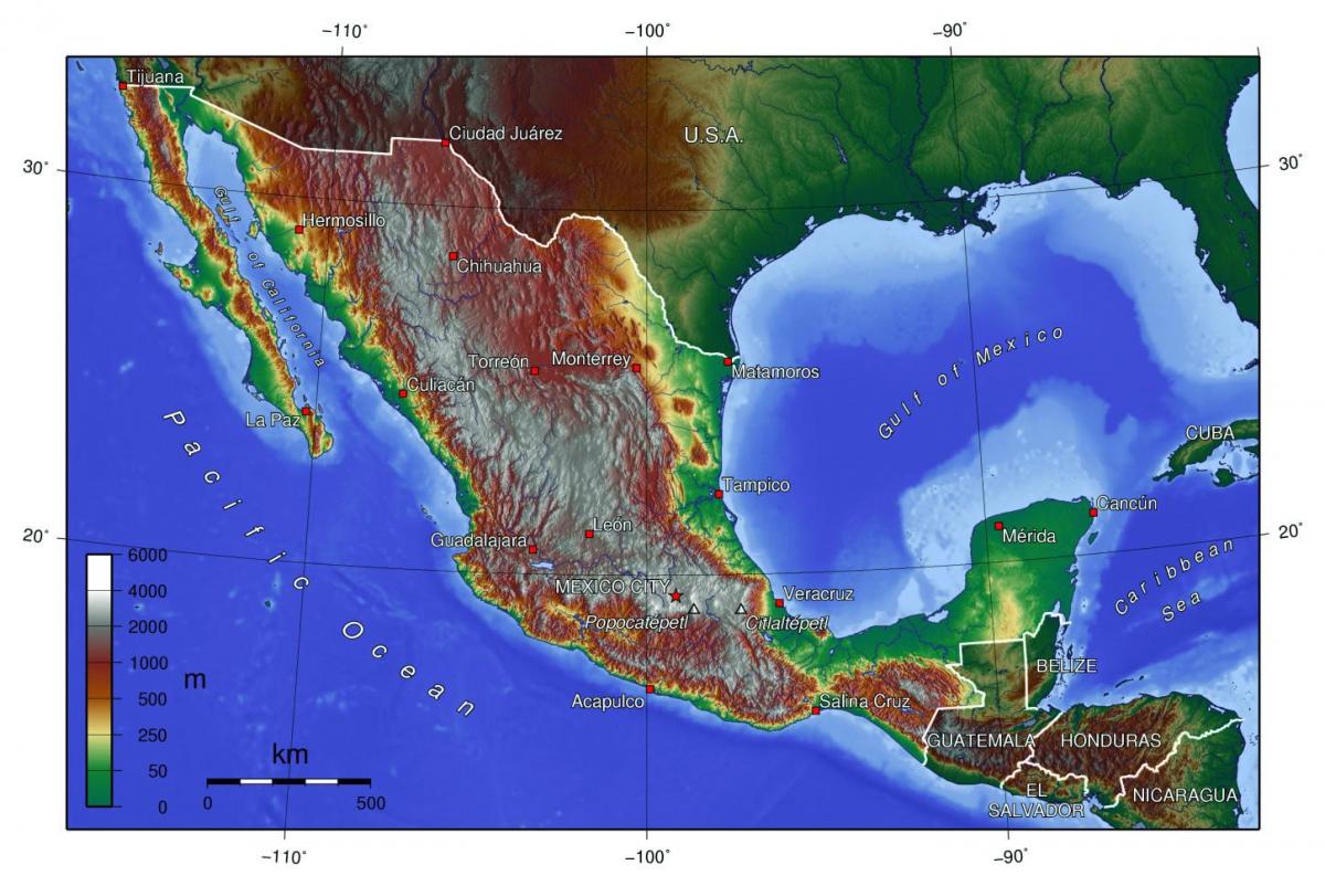メキシコの標高の地図